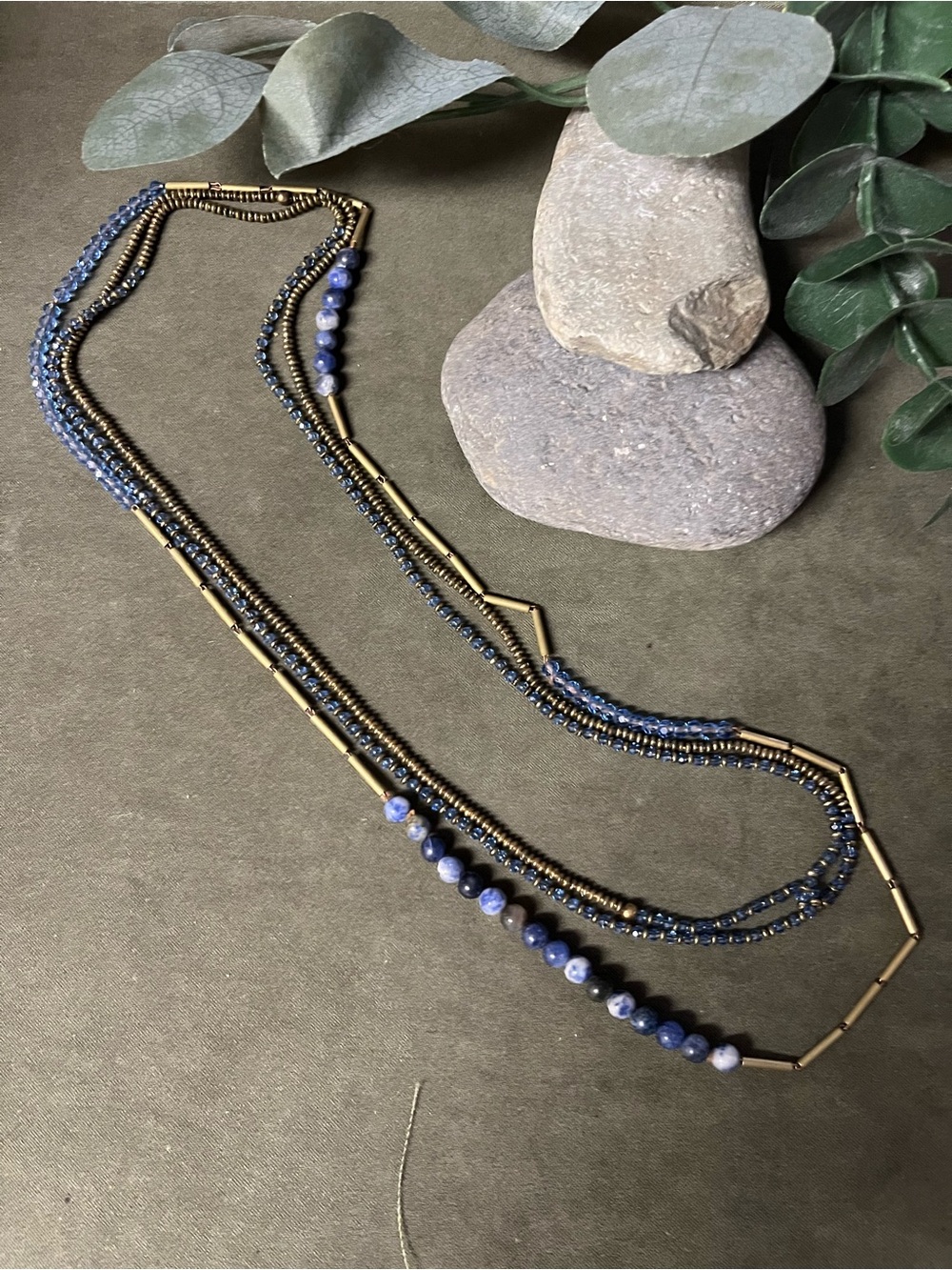 Delicate, tiny blue sodalite gemstones layered with tiny glass beads & brass